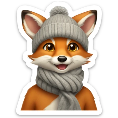 A cute little charming fox cub in a winter hat and scarf shows his tongue sticker