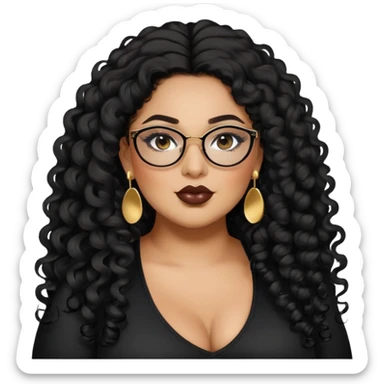 big plus size, latina, darker tan skin, long black curly hair, baddie,pretty, makeup, lipgloss, black eyeliner, long hair, SMALL gold earrings, black top, black glasses sticker