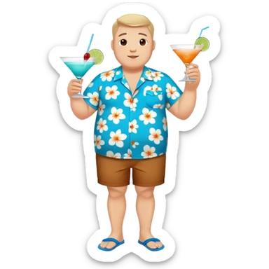 chubby guy full figure in a flowered azure havai shirt, brown shorts and flippers holding a cocktail sticker