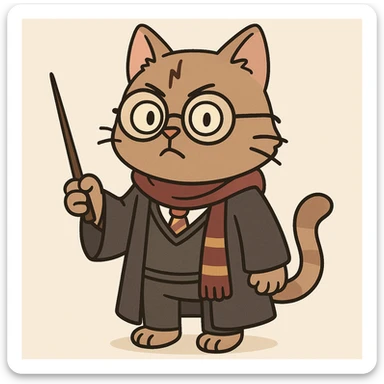 a cat dressed as a wizard with round glasses and a lightning scar, holding a wand, cartoon style, flat toon sticker