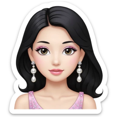 asian long voluminous black hair silver grey eyes glossy lips glittery white and light pink eyeshadow girl pearl earrings sticker