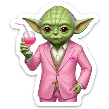 Master Yoda in all pink suit, with one hand holding pink tequila shot drink sticker