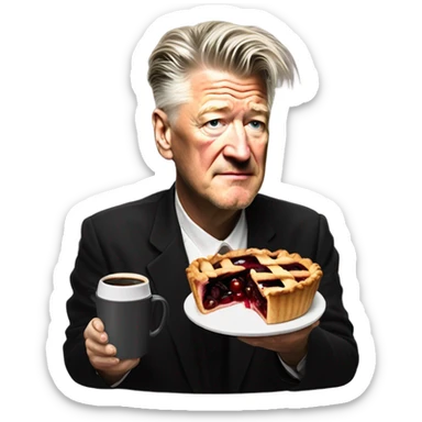 david lynch holding a cherry pie and coffee sticker