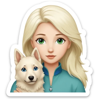 A white blonde Hair Woman with blue Green eyes with a White Shepard with a little bit beige in the fur in a lovely pose  sticker
