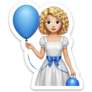 Woman curly blonde with blue balloon, white dress sticker