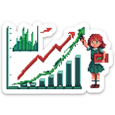 Girl holding chart with rising green graph line in right hand and holding another chart with falling red graph line in left hand sticker