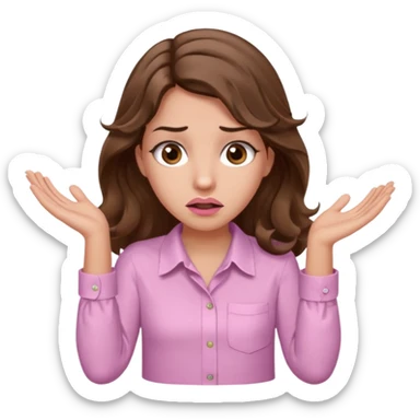 girl with wavy long brown hair, brown eyes, light to medium complexion, long lashes, light pink lipstick, wearing light pink shirt, shrugging with both hands, confused sticker