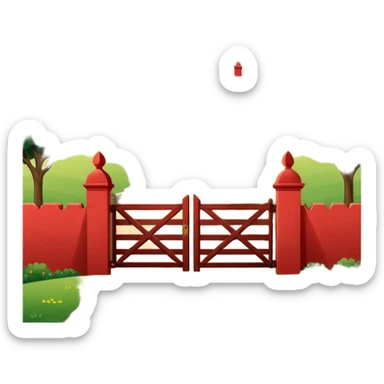 A fenced red house on a small hill with a large entrance gate bearing the inscription “Gosteli Archive,” with a farmhouse in the background. sticker