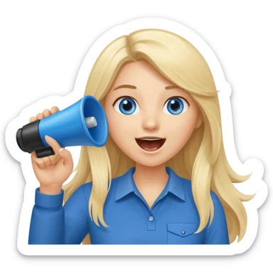  blue eyes blonde girl yelling into megaphone with right hand smiling long hair holding up left first finger sticker