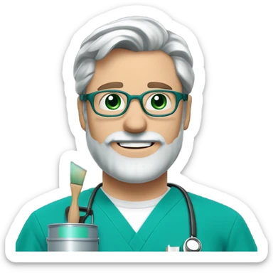 male dark blond doctor with grey beard with hazel eyes and wire-rimmed glasses in teal scrubs holding a paintbrush and paint can sticker