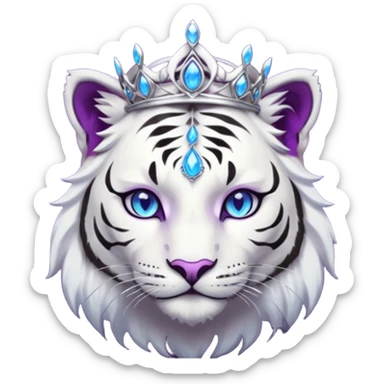 ESO Female white/black tiger khajiit leader of the umbral rose, glowing blue eyes, glowing blue 'third eye' gem; beautiful desined purple gemmed silver tiara sticker