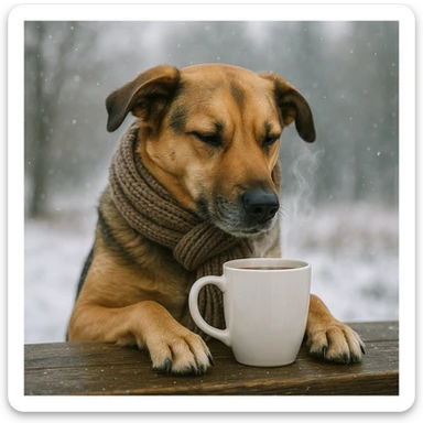 A dog drinking a cup of coffee, outside is cold sticker