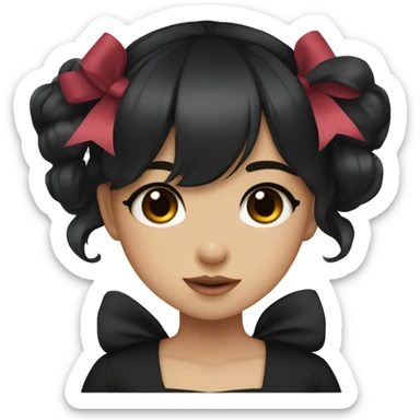 hime girl, light skin with brown eyes and black hair with bangs, bows, dark makeup, black shirt sticker