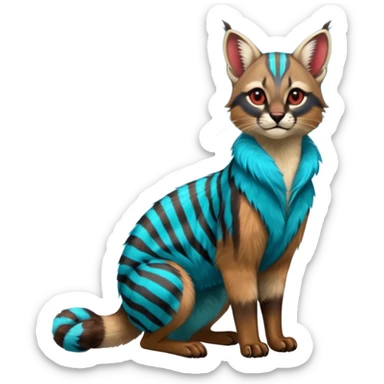 Colorful exotic shiny striped cobalt-blue-cyan-gradients-colored fur coat with red markings tropical glorious divine exotic cute cool beautiful realistic caracal-civet-genet-sergal-vernid-Cacomistle-Trico-oncilla-animal-Fakémon-hybrid-fursona (full body) sticker