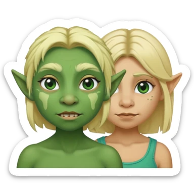 ugly female troll with blonde hair next to short blonde human sticker
