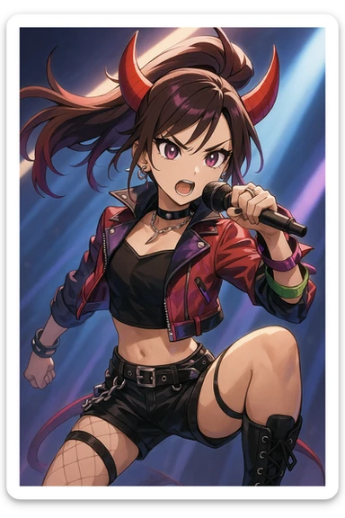 Rumi from Kpop Demon Hunters, action stance, holding a microphone, dramatic lighting, K-pop fashion, anime-inspired style sticker