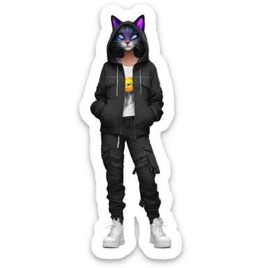 Edgy Anthro cool pretty colorful dark cat-fursona techwear cargo pants hoodie sticker