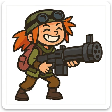 funny, positive stalker girl with a huge machine gun, smiling and energetic sticker