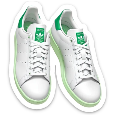 Two Adidas Stan Smith shoes arranged as a pair with one slightly behind the other, white with green heel details, clean classic design sticker