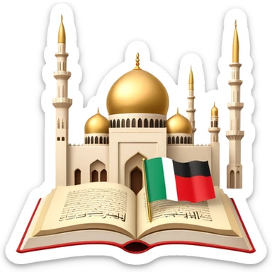 An icon featuring the mosque and the flag of United Arab Emirates, symbolizing the Arabic language. The design includes an open book with Arabic script and calligraphy, representing language learning and cultural heritage. Transparent background sticker