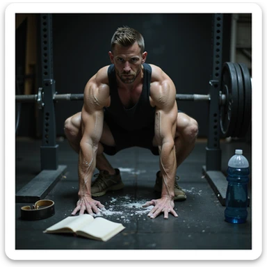 athletic man in early 30s, performing heavy deadlift, visible sweat, hands with chalk, training diary nearby, dark circles and redness on joints, water bottle, magnesium, belt on floor, blurred gym background, cold lighting, cinematic realism style sticker