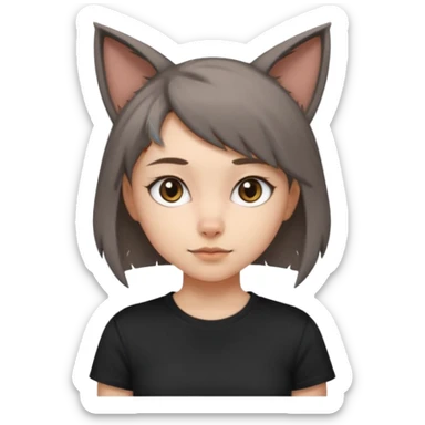 a girl with short brown wolf cut , grey cat ears and a tail, with a black t-shirt on sticker