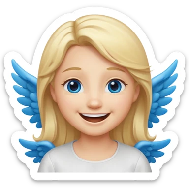 angel emoji blonde hair, blue eyes and smiling, larger wings with darker outline on them and bigger smile and more smiley eyes laughing sticker