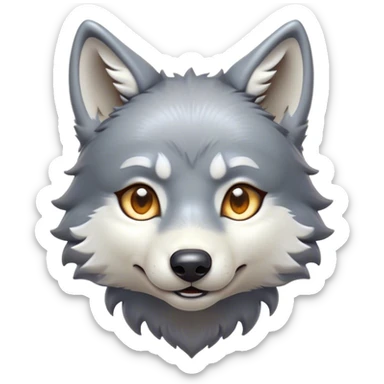 Cinematic Cute Wolf Portrait Emoji, Head tilted playfully and inquisitively, featuring a lustrous grey and white Fur with a wild, natural sheen, round, sparkling eyes filled with curious mischief, Simplified yet irresistibly adorable features, highly detailed, glowing with a warm, friendly glow, high shine, affectionate yet spirited, stylized with a touch of wilderness whimsy, bright and endearing, soft glowing outline, capturing the essence of a mischievous yet loving wolf, so playful it feels like it could bound out of the screen and into your arms! sticker