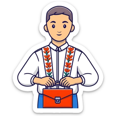 Ukrainian man in traditional embroidered vyshyvanka shirt holding a toolbox sticker