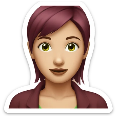 Girl with fair skin, burgundy short shag haircut, green eyes, oval face.  sticker