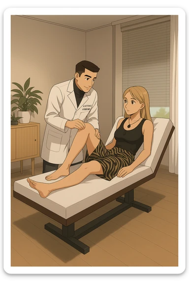 fai un webtoon/manga a colori con questo kinesiologo in camice bianco (fagli la scritta "ANTONIO ANANIA" SUL CAMICE) CHE SVOLGE UN TEST NEUROMUSCOLARE SOLLEVANDO UNA GAMBA ALLA RAGAZZA CHE è STESA SU UN LETTINO BIANCO. STANZA SEMPLICE E MODERNA, DURANTE IL TEST I DUE DIALOGANO TRA LORO. NON FARE I FUMETTI, FAI SOLO LORO COME SE DIALOGASSERO sticker