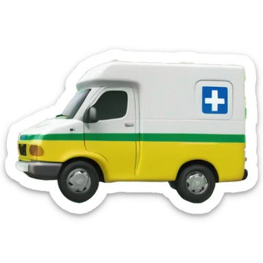 British NHS ambulance, yellow in colour, with green checkerboard print along the bottom. NHS logo on the side.  sticker