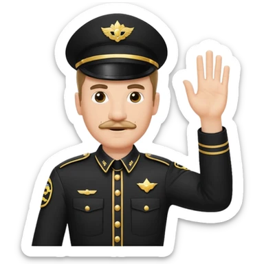 A white man with a small mustache raising one hand straight out like a Sieg Hail salute in Black SS uniform. The arm must be straight out with no bend in the elbow sticker