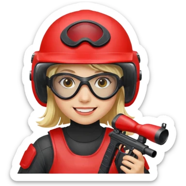 blond girl playing paintball with red paintball helmet, only face sticker