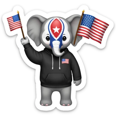 Elephant wearing a hoodie that hd written on it “black lives matter” and is holding an upside down American flag sticker