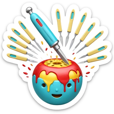 A hyper-realistic surgical scalpel exploding into a vibrant burst of medical and emotional emoji (🩺💉🧬🫀🤕😵✨). Dynamic composition, emoji art style, 3D render, Pop Art. Shallow depth of field, studio lighting, clean pastel background. --ar 16:9 sticker