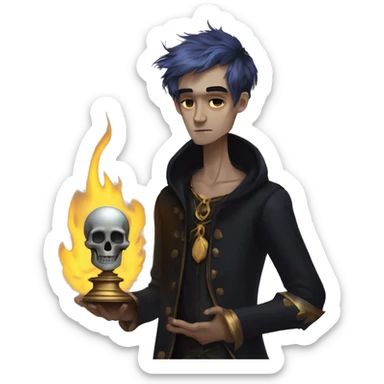 Hamlet young skinny sad man iridescent hair wearing raven feathers with a gilded hourglass and golden flames holding a skull sticker