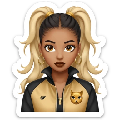 “black Emoji girl, fierce confident expression, sharp black winged eyeliner, bold brows, matte nude lips, long curled lashes, sleek high ponytail, gold hoop earrings, sporty streetwear jacket.” sticker