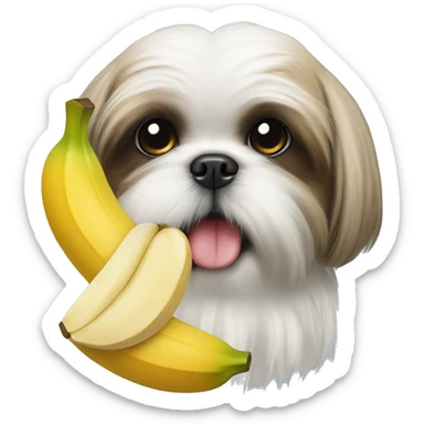 Shih tzu with a stuffed banana face in its mouth sticker