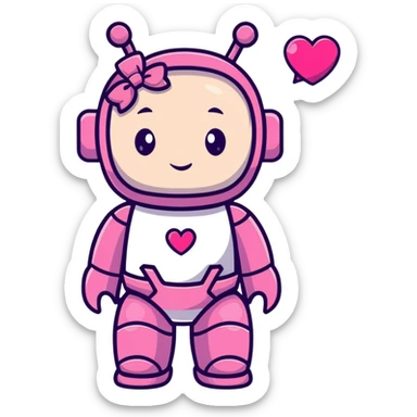 adorable pink robot girl with a hair bow and heart patterns sticker