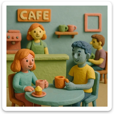 a cafe scene, pastel colors, playful atmosphere, claymation style sticker