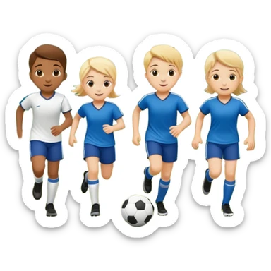 A group of 4 kids playing soccer in a park sticker