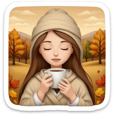 long brown hair woman closed eyes with beige blanket on her head, holding cup of coffee, autumn mood sticker