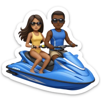 Dark male dark hair & light tan female long dark hair on a blue jet ski no sunglasses sticker
