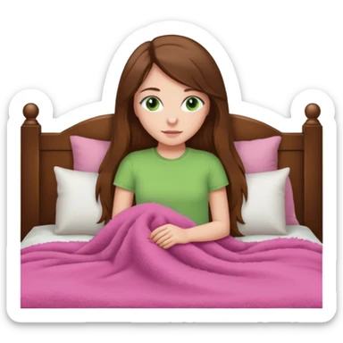 Girl with white skin tone and greens eyes and long brown hair laying in bed with a tan padded headboard and pink fuzzy blanket sticker