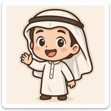 chibi-style boy in a white thobe and ghutra, cheerful, cartoon look sticker