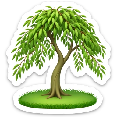 A 3D cartoon willow tree with drooping green branches over soft grass, natural sunlight, Memoji-style rendering. sticker