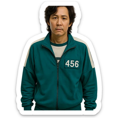 Squid Game Season 2 main character, clear depiction, individual character, no specific art style sticker