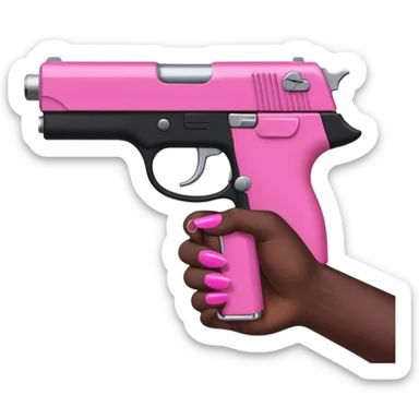 Black hand with pink nail polish holding a pink gun sticker