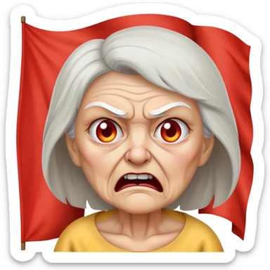 Angry old woman in front of distress flag sticker